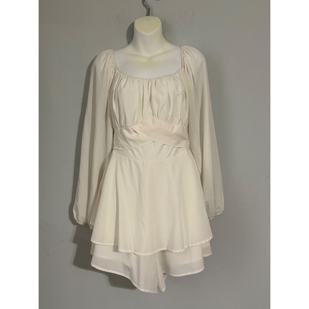 LYANER Womens Cream Puff Sleeve Square Neck Ruffle Dress Size‎ S